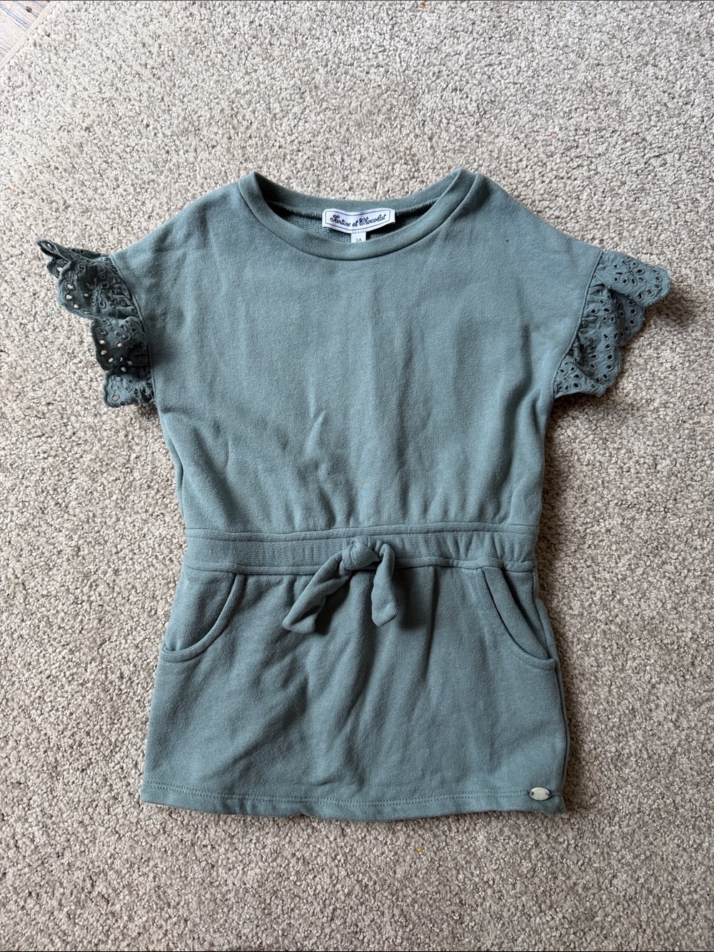 Tartine et Chocolat Teal Sweatshirt Dress with Eyelet sleeves
